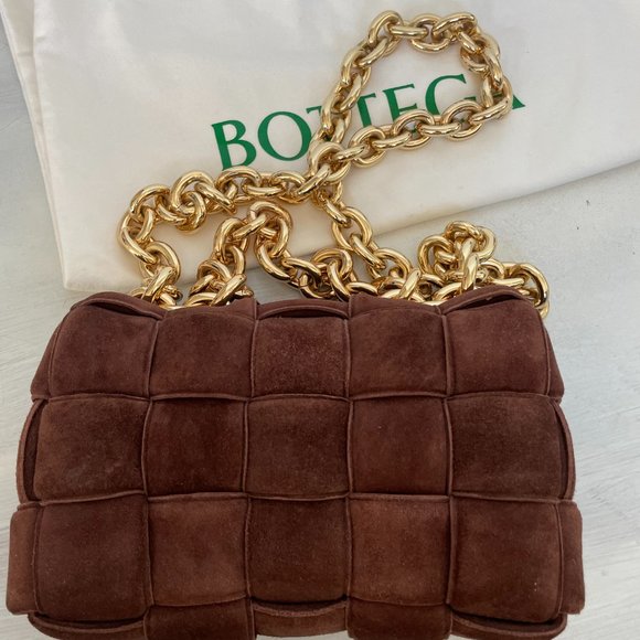 Bottega Veneta Cassette Suede Shoulder Bag Weaved Brown Gold Chain Link Strap - Picture 8 of 10